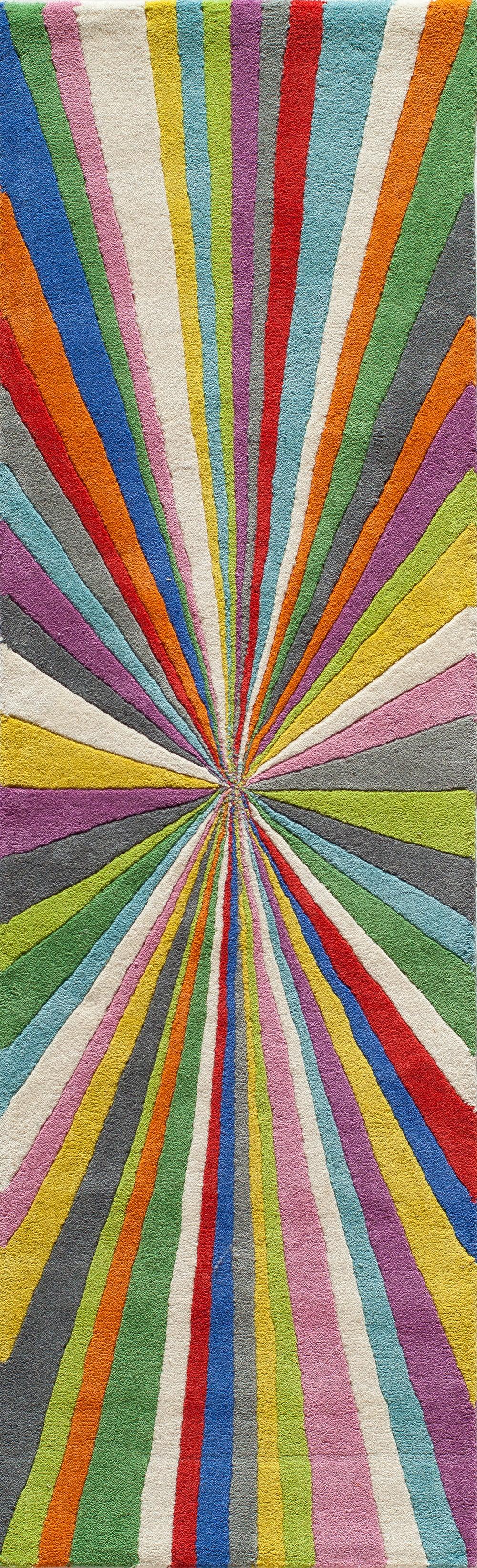 Radial rainbow stripe pattern with multicolored wedges converging at center; vibrant textile design suitable for scarf.