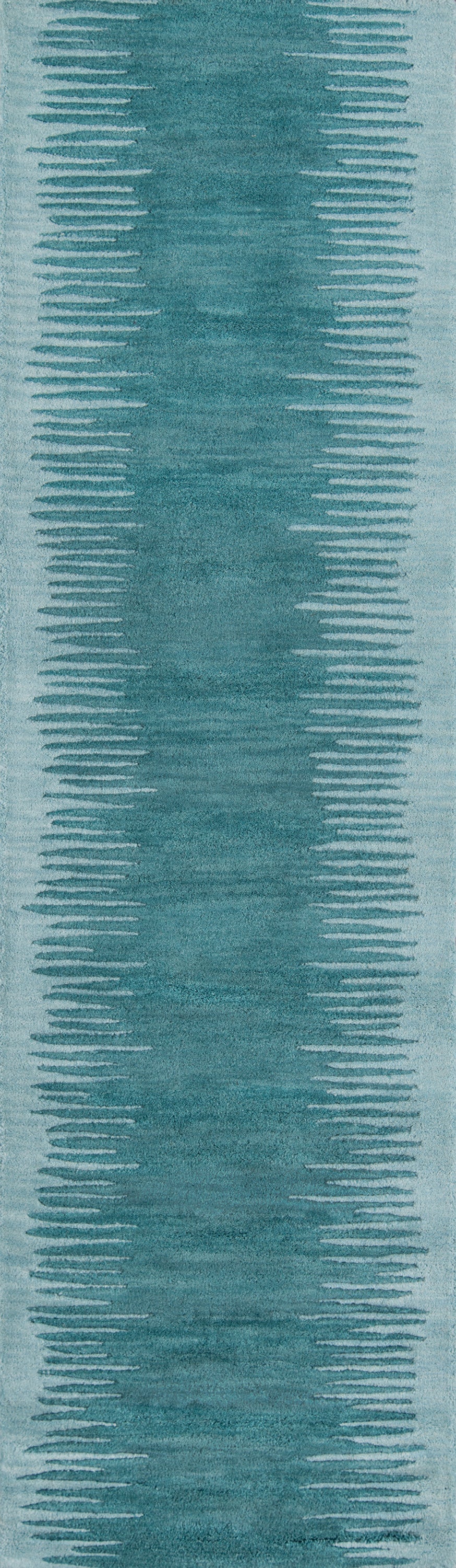 Teal runner rug with textured central field and fringe edging along both sides; modern boho hallway decor.
