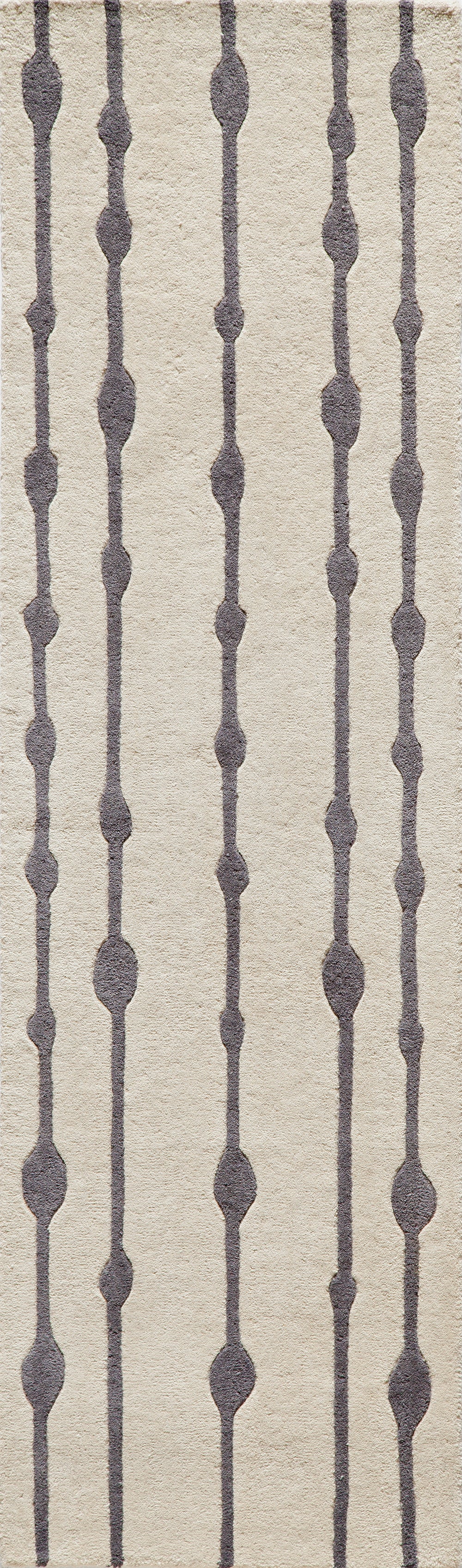 Beige rug with vertical grey beaded strings and circular nodes in a repeating modern pattern, 5' x 8'.