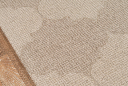 Beige and taupe abstract patterned area rug with soft texture; wood floor edge visible on the left.
