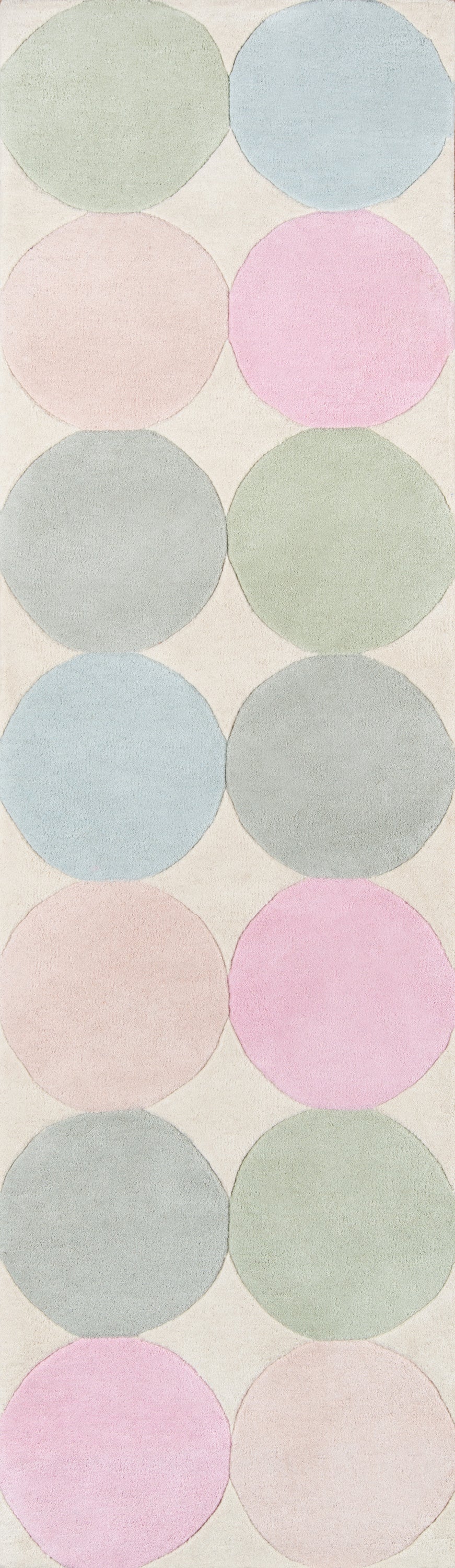 Pastel circle pattern rug: mint, baby blue, pink and lavender circles on cream background; abstract textile design.