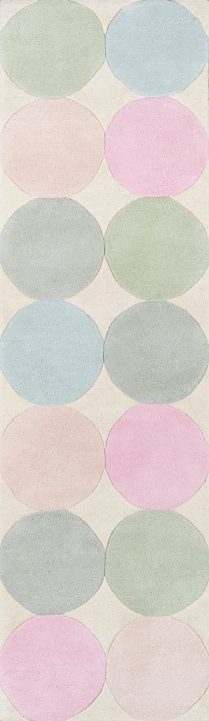 Pastel circle pattern rug: mint, baby blue, pink and lavender circles on cream background; abstract textile design.
