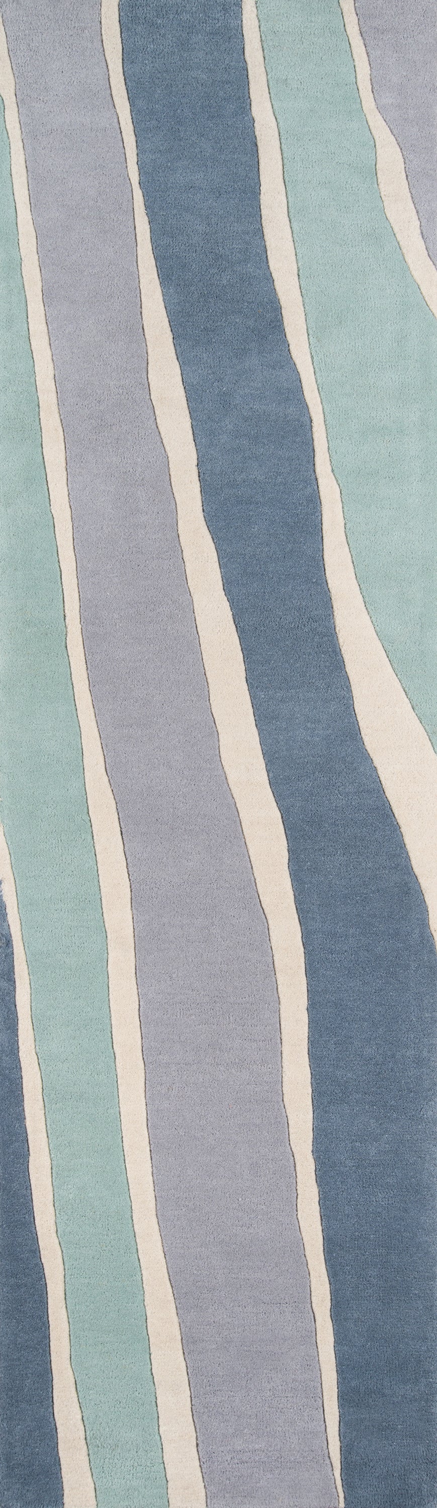 Vertical wavy stripe fabric in pastel blues, lavender-gray, and teal with cream borders.