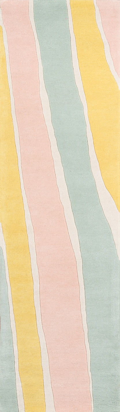 Soft rug with pastel vertical stripes in pink, mint green & yellow with wavy white edges.