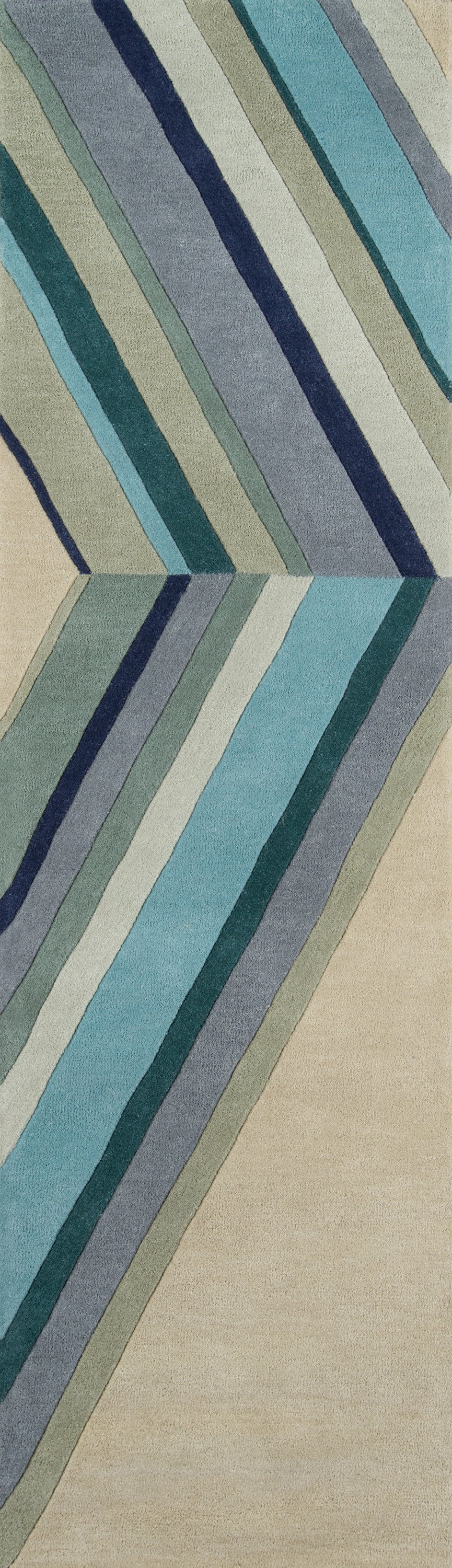 Diagonal striped 2' x 8' rug runner in blues, teals, and greens on beige background.