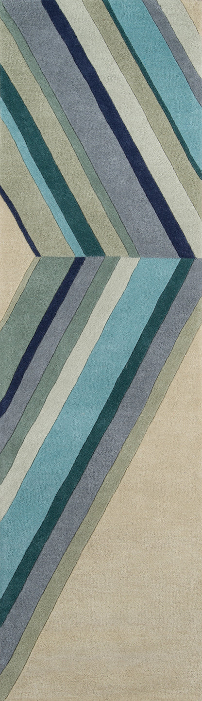 Diagonal striped rug in blues, teals, and beige; lightweight woven rug