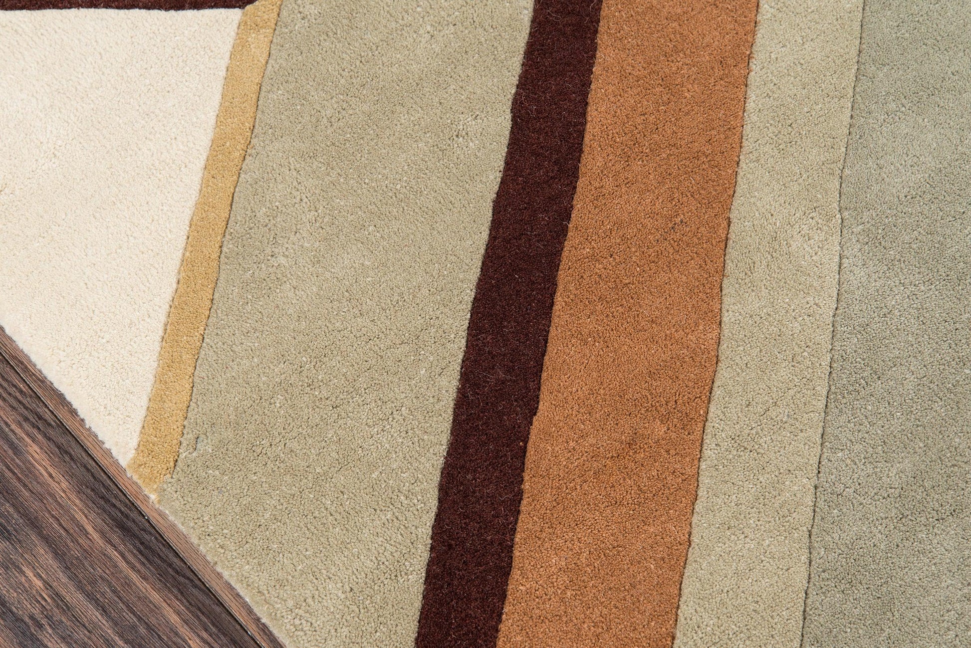 Earth-toned striped area rug with cream, beige, taupe, brown and olive stripes; wood edge visible.