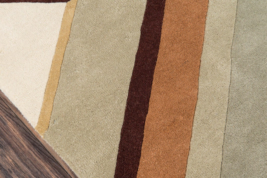 Rectangular area rug with earthy vertical stripe blocks in cream, beige, taupe, brown & olive.