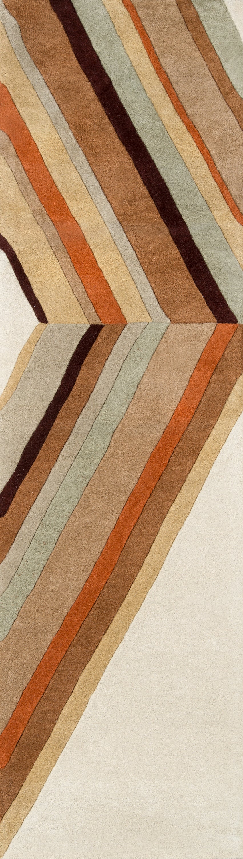 Diagonal chevron rug in warm earth tones including beige, tan, brown, orange and olive on cream.