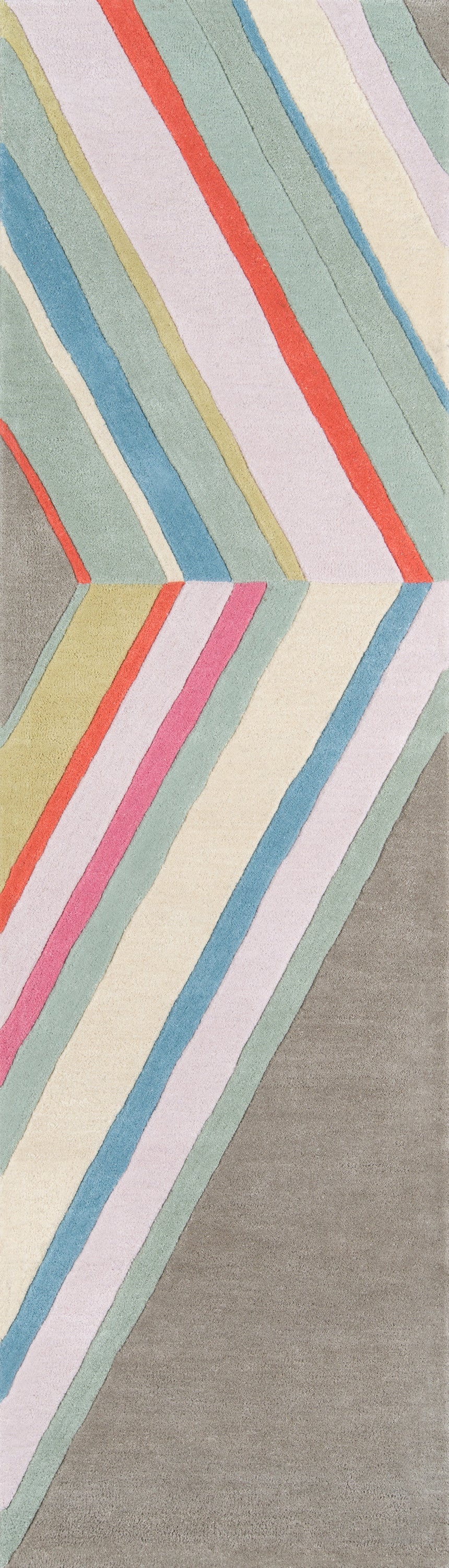 Diagonal chevron stripes in pastel and bold colors on a neutral beige background.