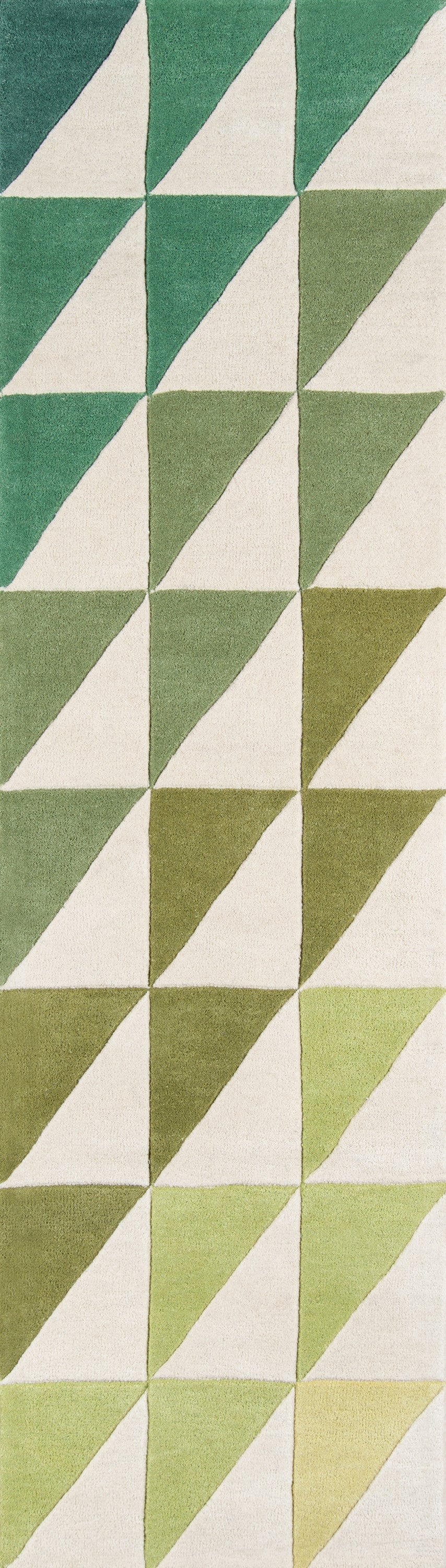 Vertical textile with green triangular pattern, gradient from dark emerald to pale lime, on white background.