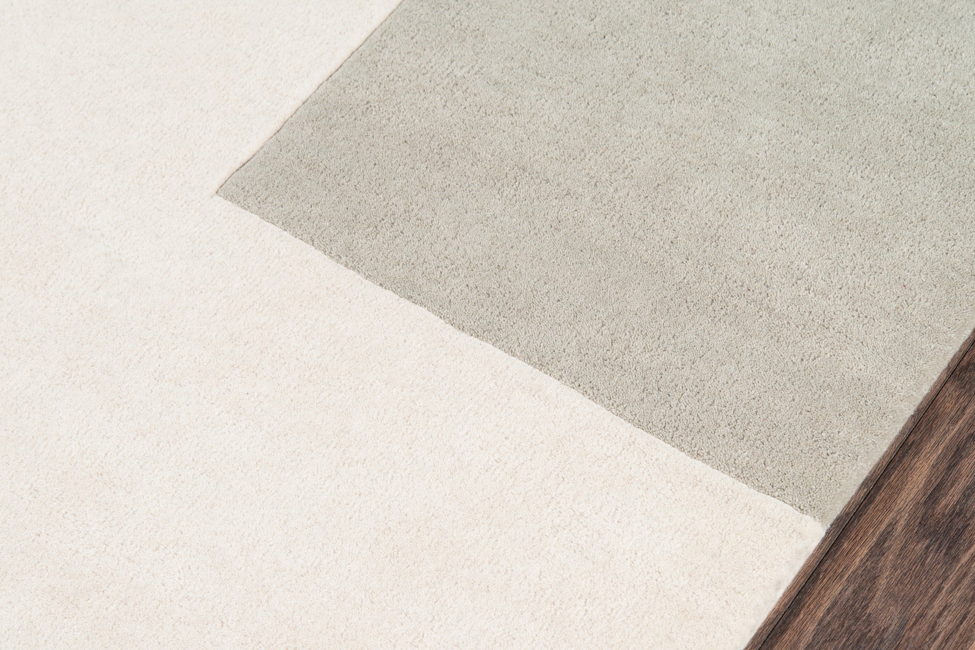 Beige and gray rug runner on wood floor, showing textured pile and tonal variation, 2' x 8'.