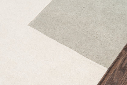 Beige and gray rug runner on wood floor, showing textured pile and tonal variation, 2' x 8'.