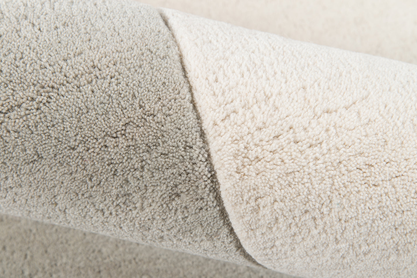 Grey & cream boucle runner with plush pile, rolled to show texture; 2' x 8' runner for modern & cozy home decor.