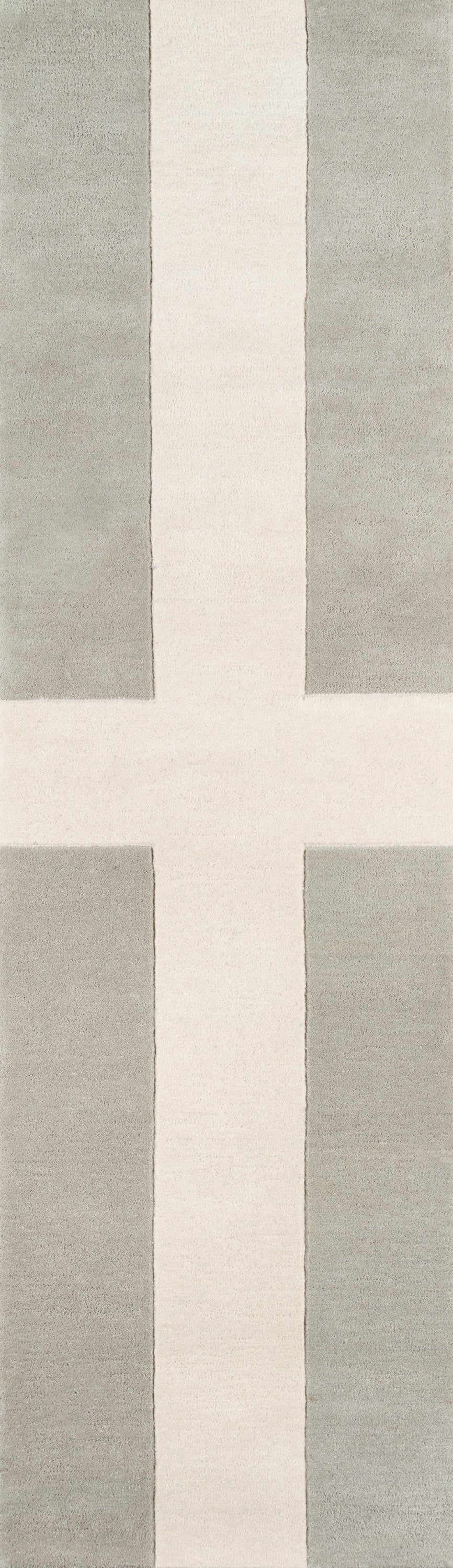 Gray runner rug with pale cream cross motif; minimalist geometric design for modern living spaces.