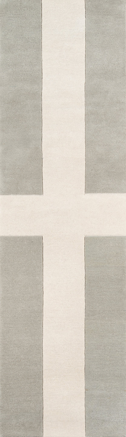 Gray runner rug with pale cream cross motif; minimalist geometric design for modern living spaces.