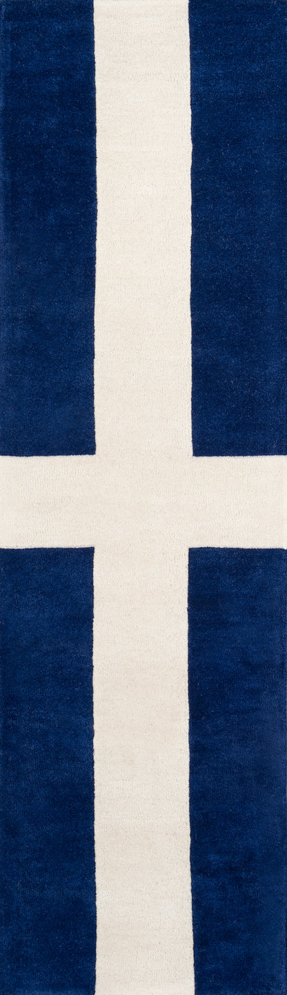 Navy blue rug with a white centered Nordic cross.