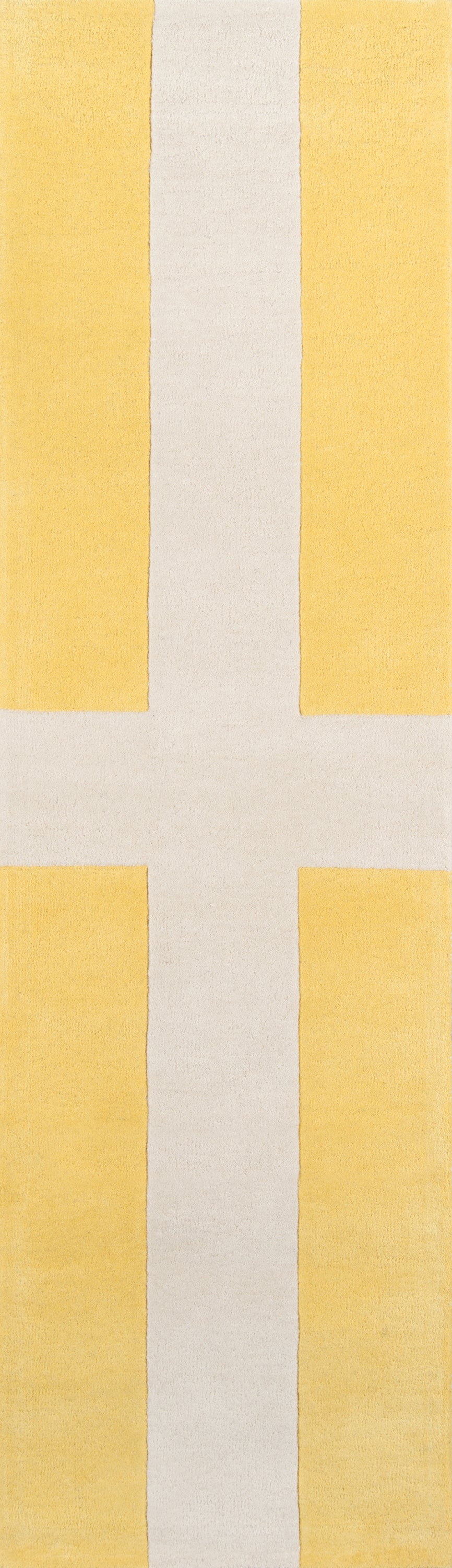 Geometric print: pale beige field with bold yellow side strips and a white cross in the center.