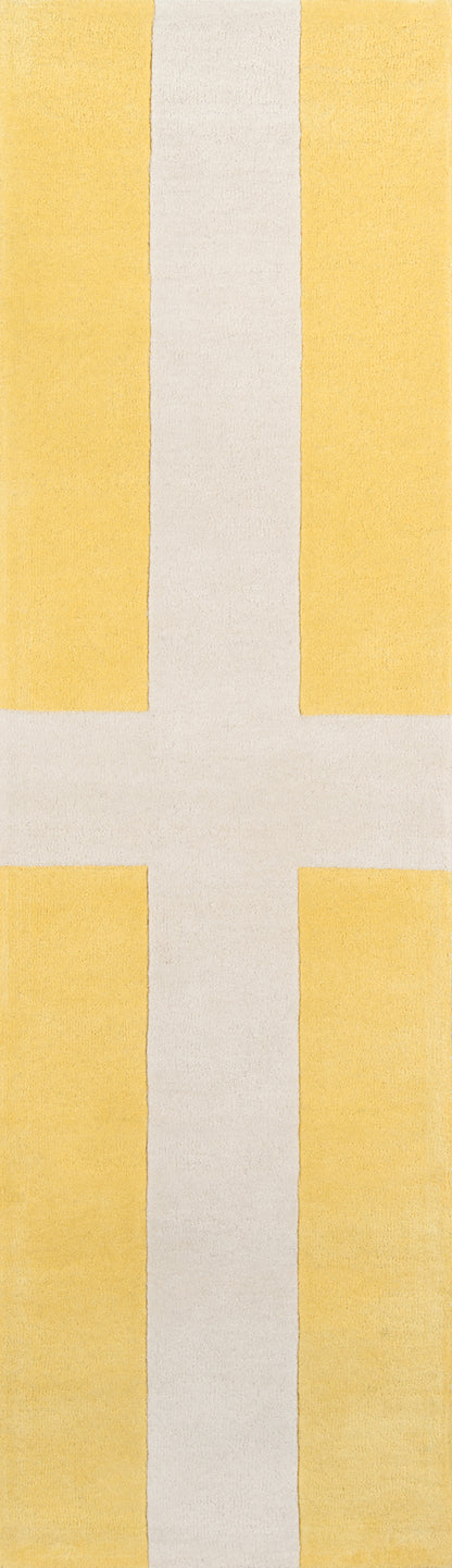 Geometric print: pale beige field with bold yellow side strips and a white cross in the center.