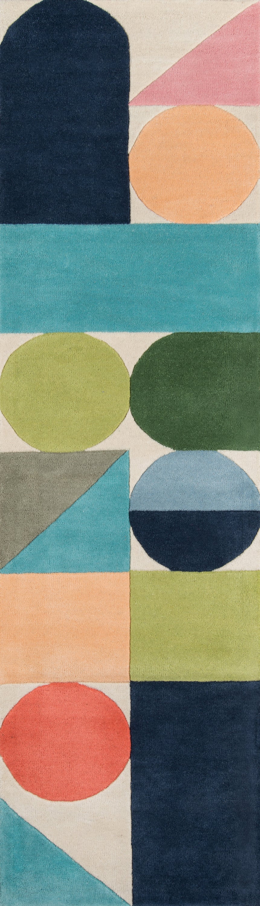 Geometric rug with stacked blocks and circles in navy, teal, peach, pink, lime and olive; mid-century style; 4' x 6'.