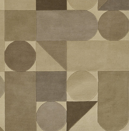 Neutral geometric area rug in beige, taupe and brown with circles, semicircles, triangles and rounded shapes.