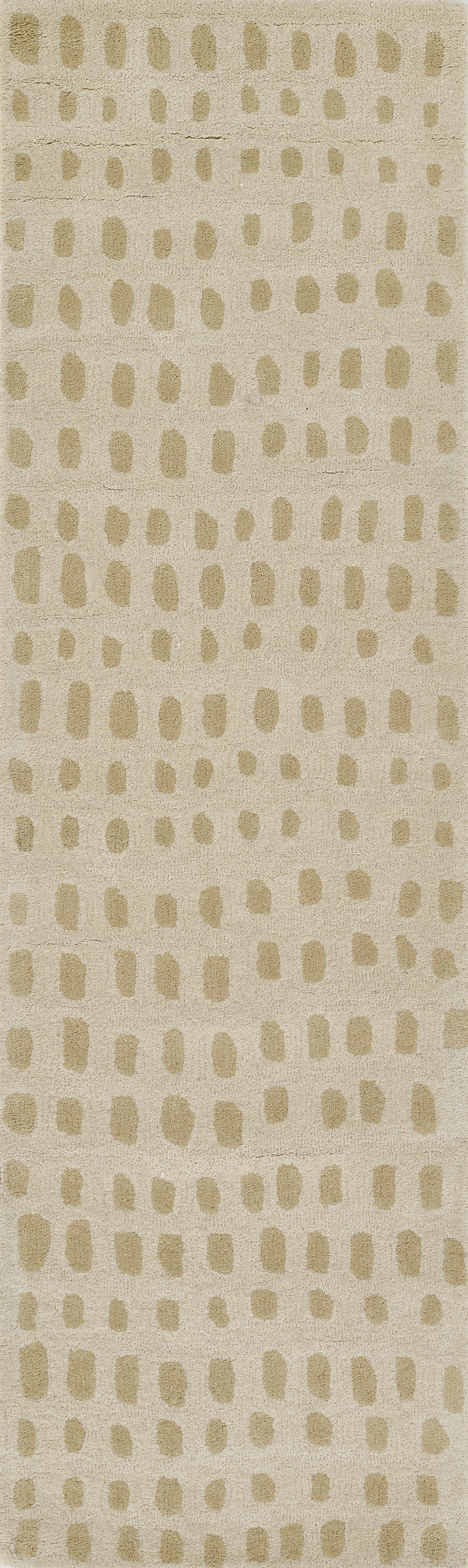 Beige rug with tan rounded-dot grid pattern.