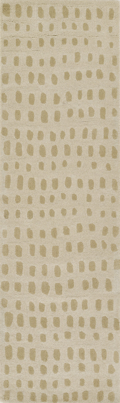 Beige woven fabric with light gold-brown rounded dots forming a dotted grid pattern; upholstery or drapery textile.