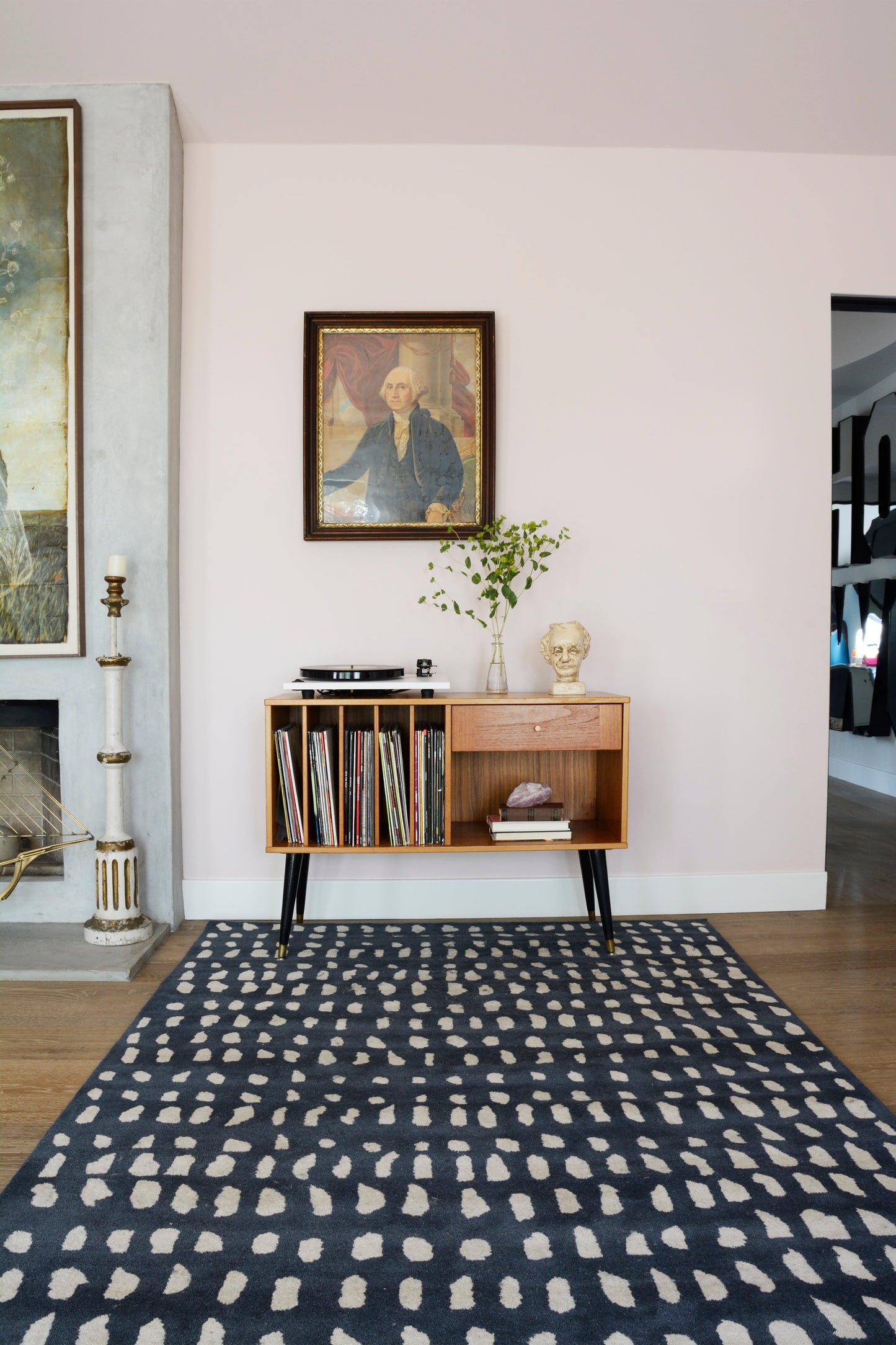 Navy runner rug, 2' x 8', on floor.