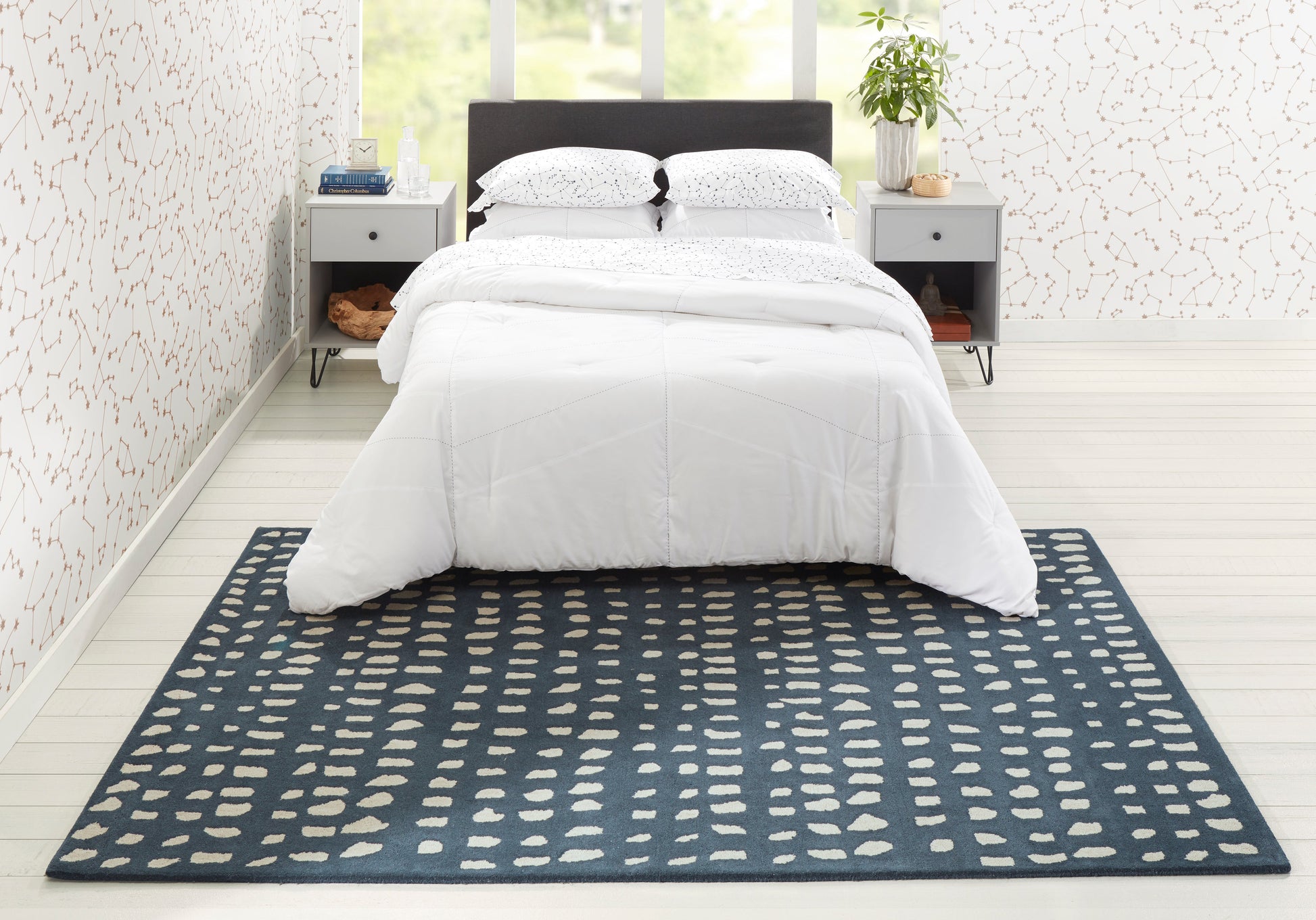 Blue patterned rug runner on the floor.