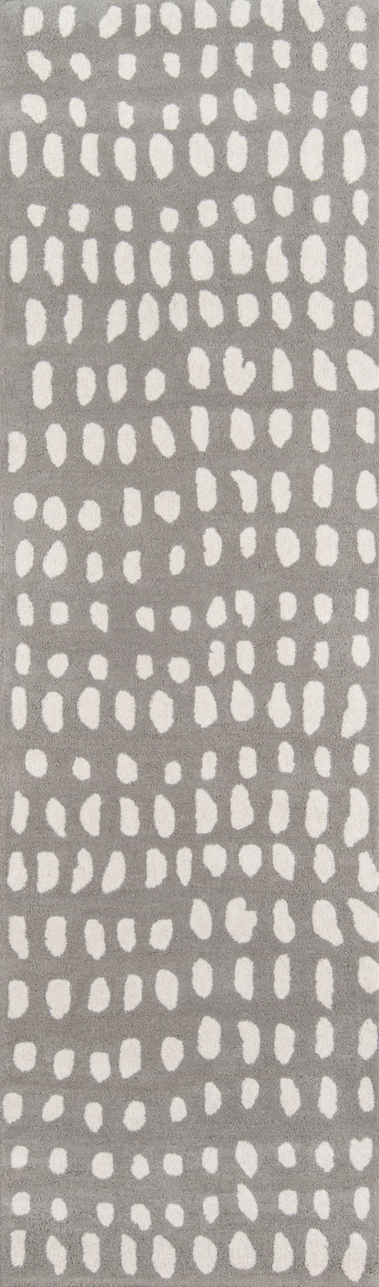 Gray rug with a white irregular dotted pattern in vertical rows; 4' x 6'.