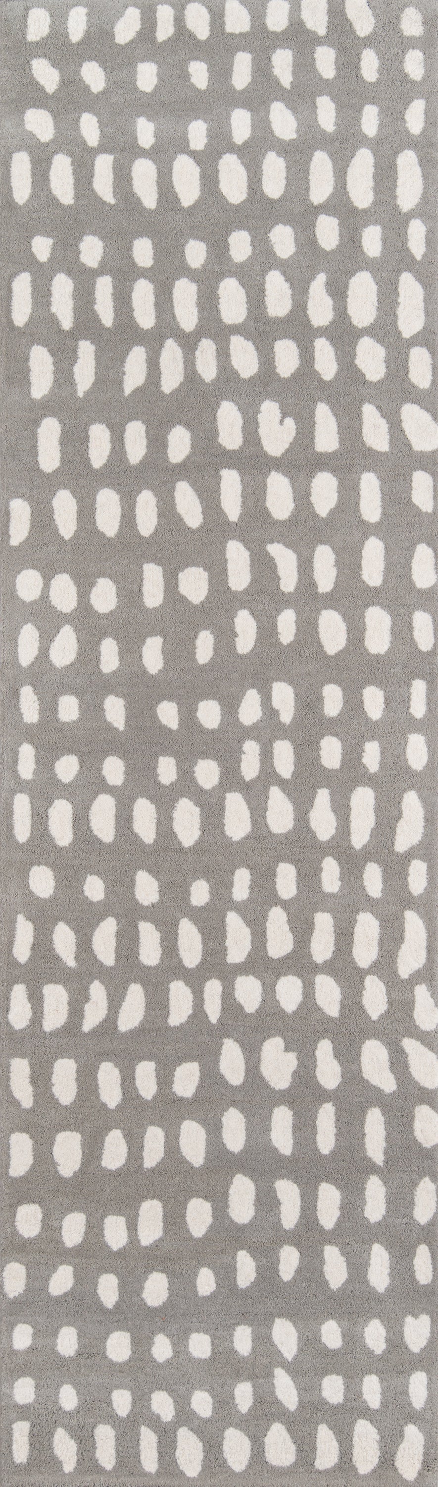 Gray rug with white irregular dot pattern in vertical rows; modern abstract rug.