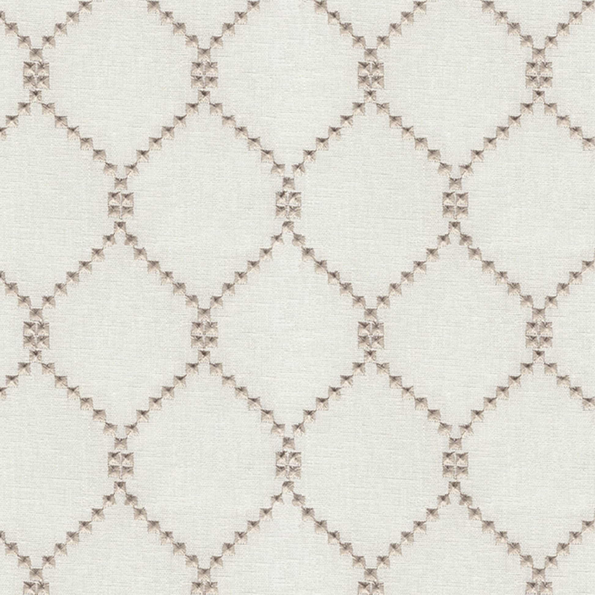 Cream linen-textured fabric with taupe diamond lattice embroidery and tiny stitch accents.