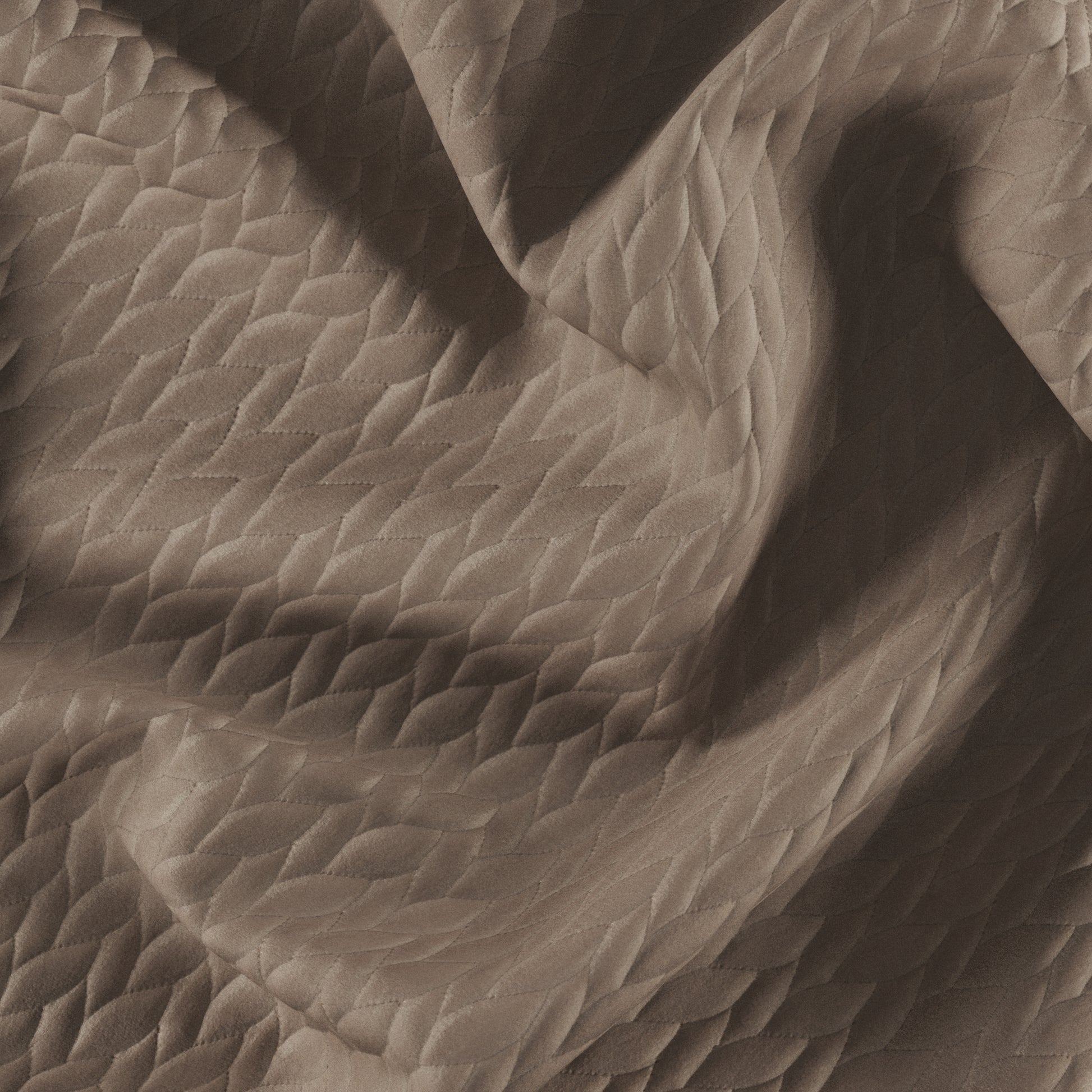 Taupe quilted velvet fabric with diamond stitching and soft drape.