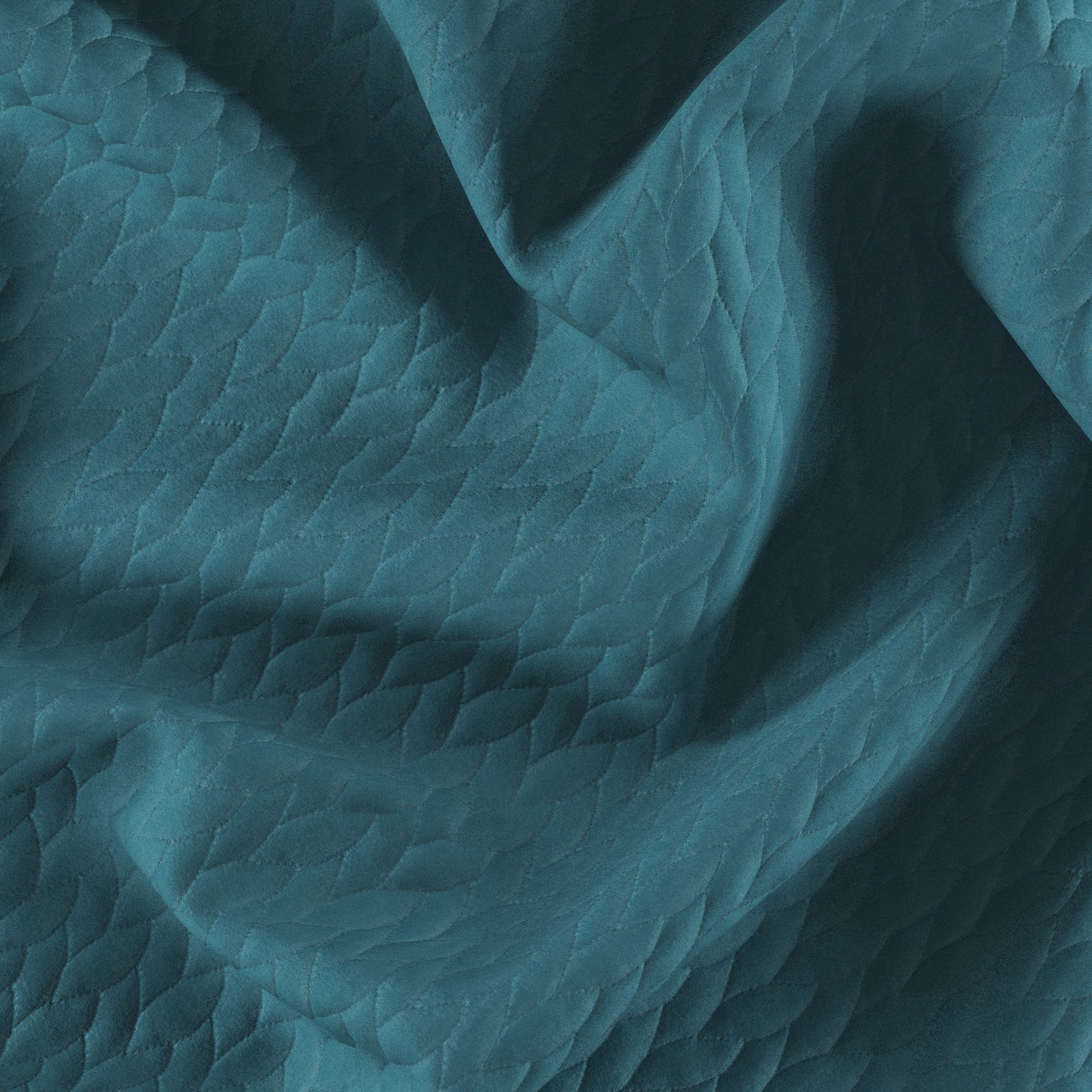 Teal quilted fabric with diamond stitching and soft folds; cozy textile.