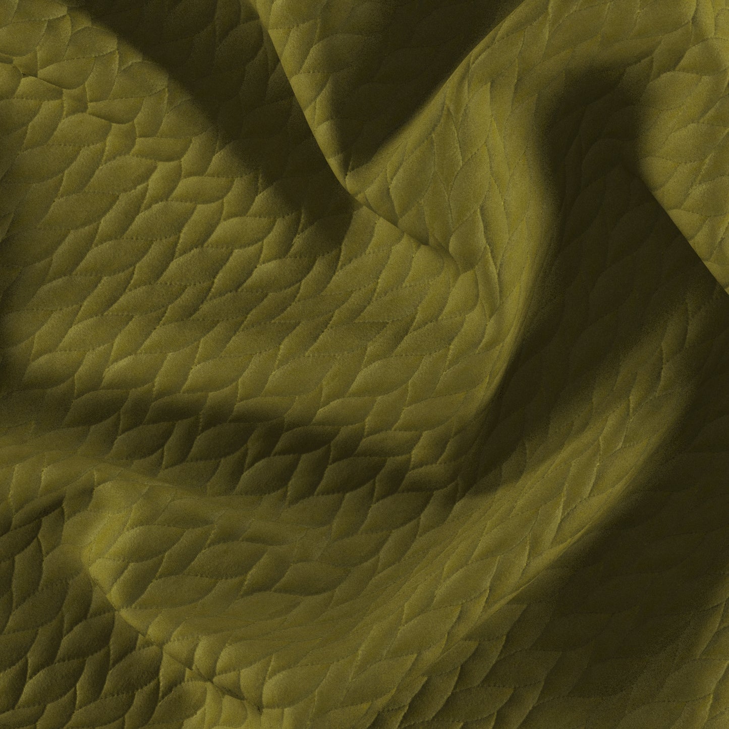 Olive green quilted fabric with a leaf-shaped diamond pattern and soft drape.