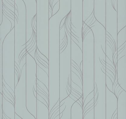 Blue and silver striped wallpaper with a subtle thread-like texture and soft metallic sheen.