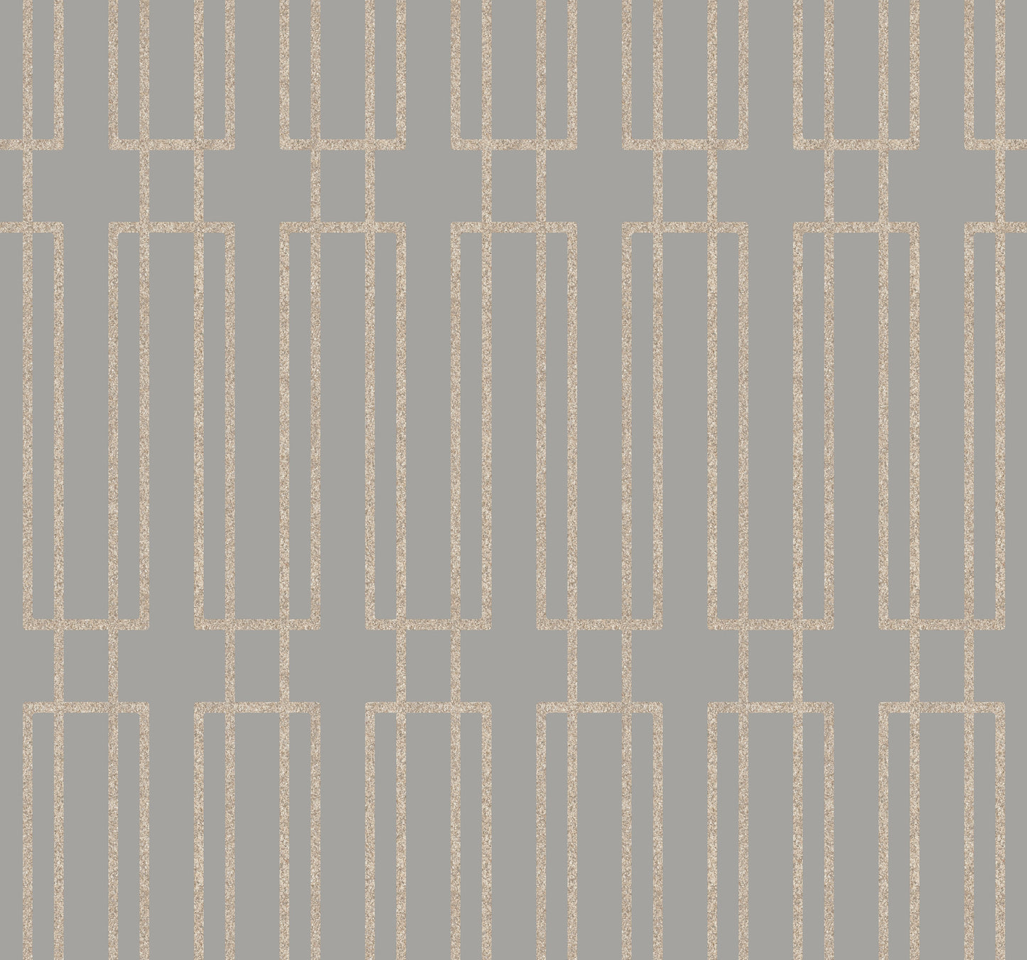 Beige geometric lattice wallpaper with tall vertical rectangles linked by thin lines on a muted gray background.