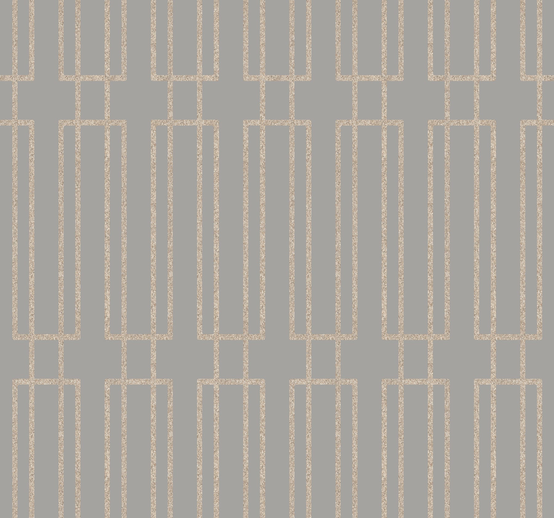 Beige geometric lattice wallpaper with tall vertical rectangles linked by thin lines on a muted gray background.