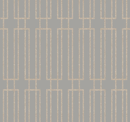 Beige geometric lattice wallpaper with tall vertical rectangles linked by thin lines on a muted gray background.