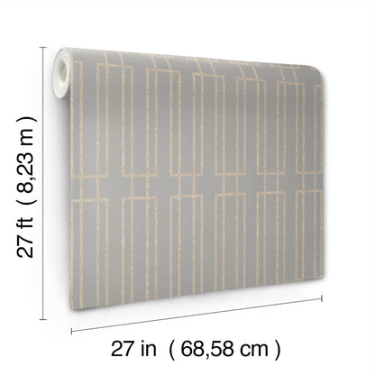 Taupe wallpaper roll with a gold geometric rectangular grid pattern; 27 ft long by 27 in wide.