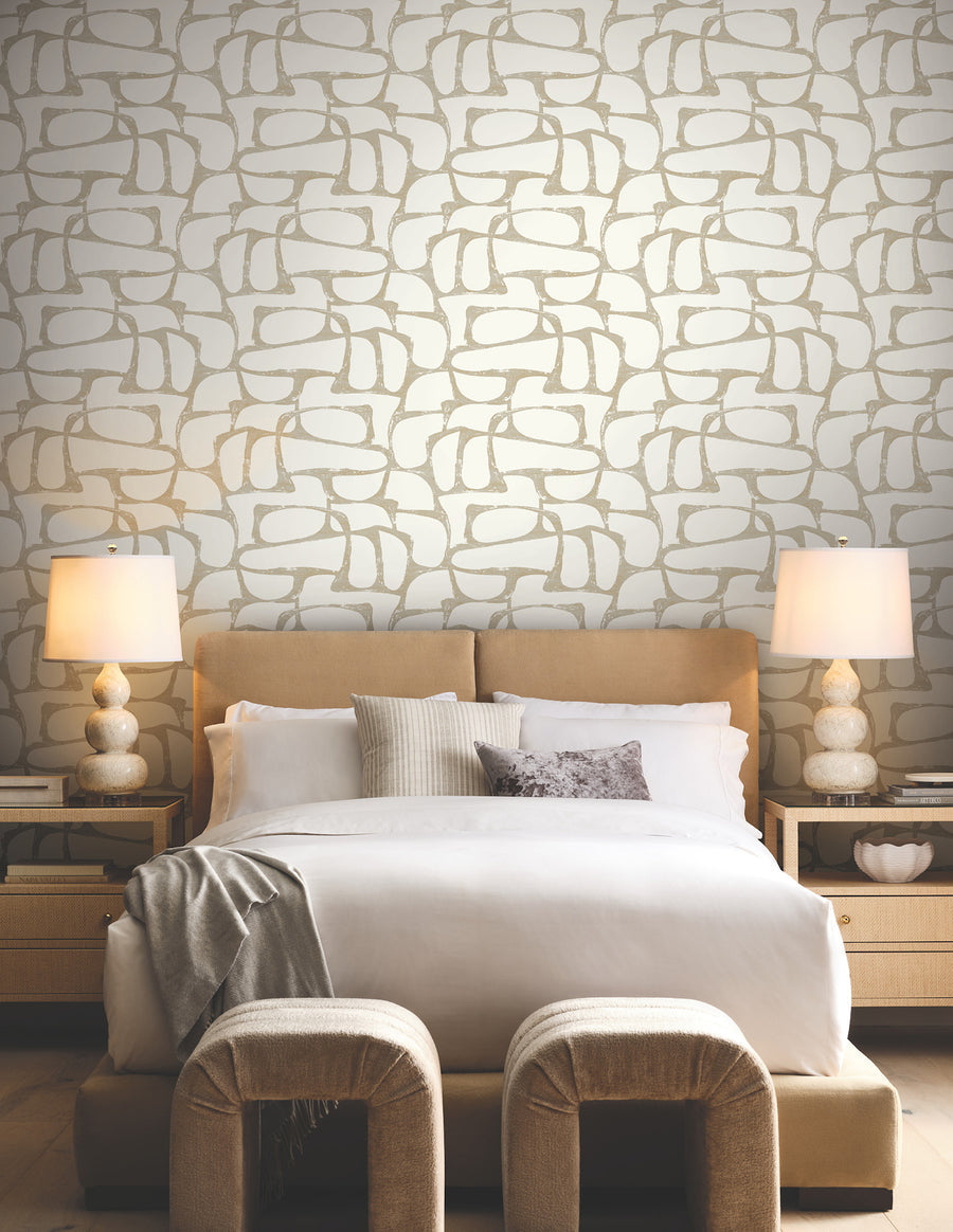 Candice Olson Craftsman Geometric Wallpaper with an intricate white raised surface and gold metallic details, ideal for contemporary, glam, transitional, and upscale interiors.