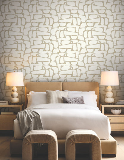 Candice Olson Craftsman Geometric Wallpaper with an intricate white raised surface and gold metallic details, ideal for contemporary, glam, transitional, and upscale interiors.