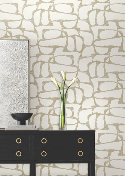 Luxury white and gold geometric wallpaper with free-form organic shapes and textured dimension, designed by Candice Olson for sophisticated bedrooms, living rooms, dining rooms, and accent walls.