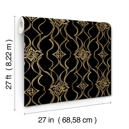 York Wallcoverings Candice Olson Decadence II Pirouette Black and Gold Wallpaper Traditional Damasks Blacks   - DF3371