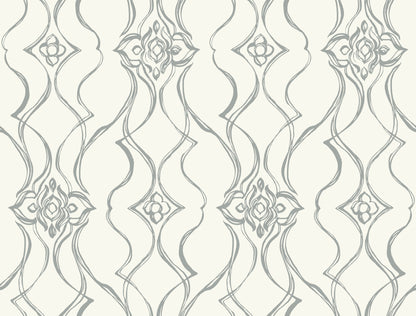 York Wallcoverings Candice Olson Decadence II Pirouette White and Silver Wallpaper Traditional Damasks Whites and Off-Whites   - DF3373