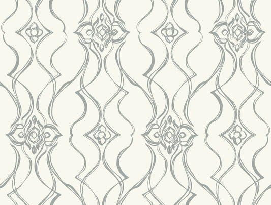 York Wallcoverings Candice Olson Decadence II Pirouette White and Silver Wallpaper Traditional Damasks Whites and Off-Whites   - DF3373