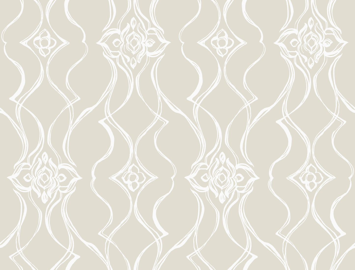 Beige wallpaper with white damask floral lattice pattern; repeating elegant scroll motifs.
