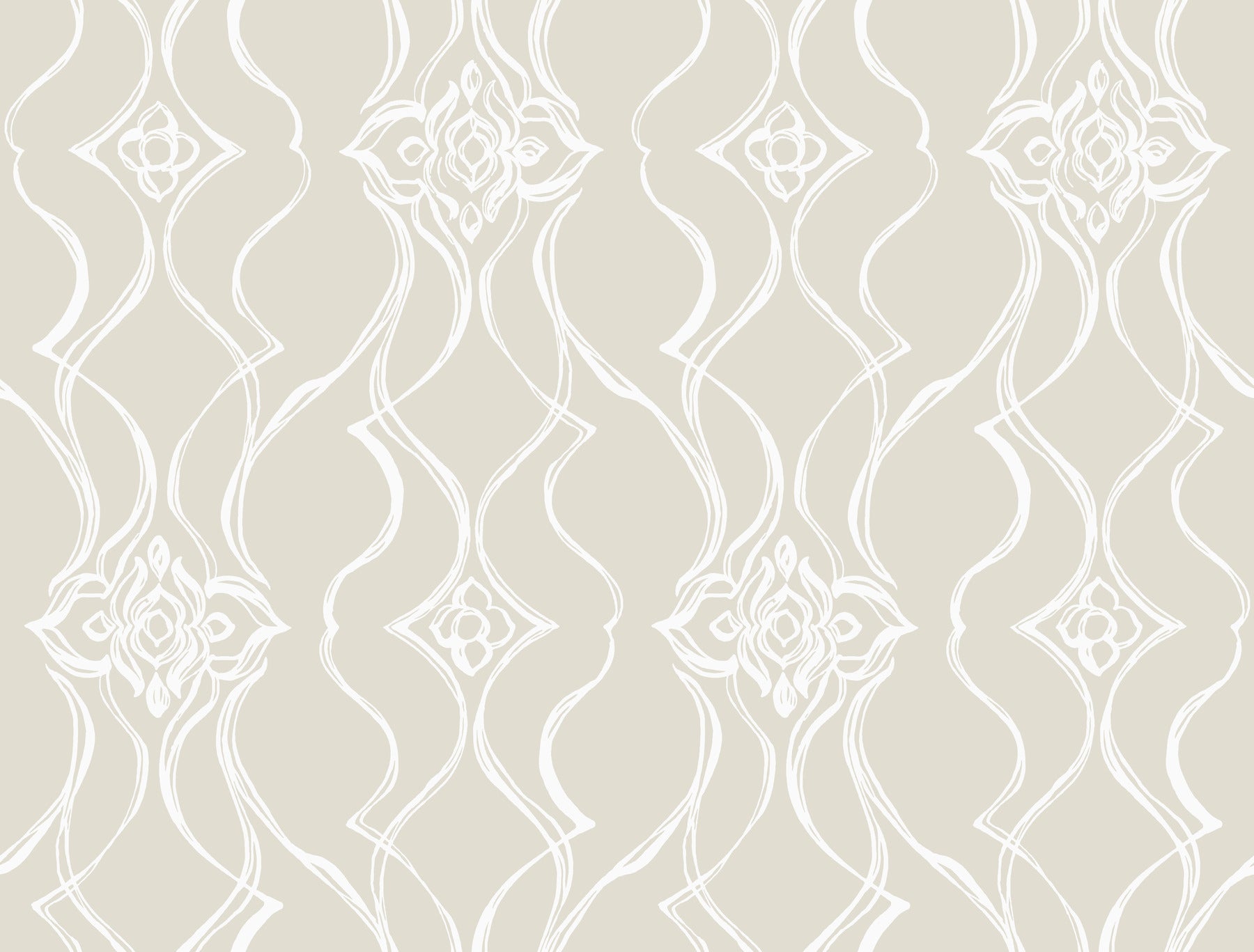 Beige wallpaper with white damask floral lattice pattern; repeating elegant scroll motifs.
