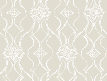 Beige wallpaper with white damask floral lattice pattern; repeating elegant scroll motifs.