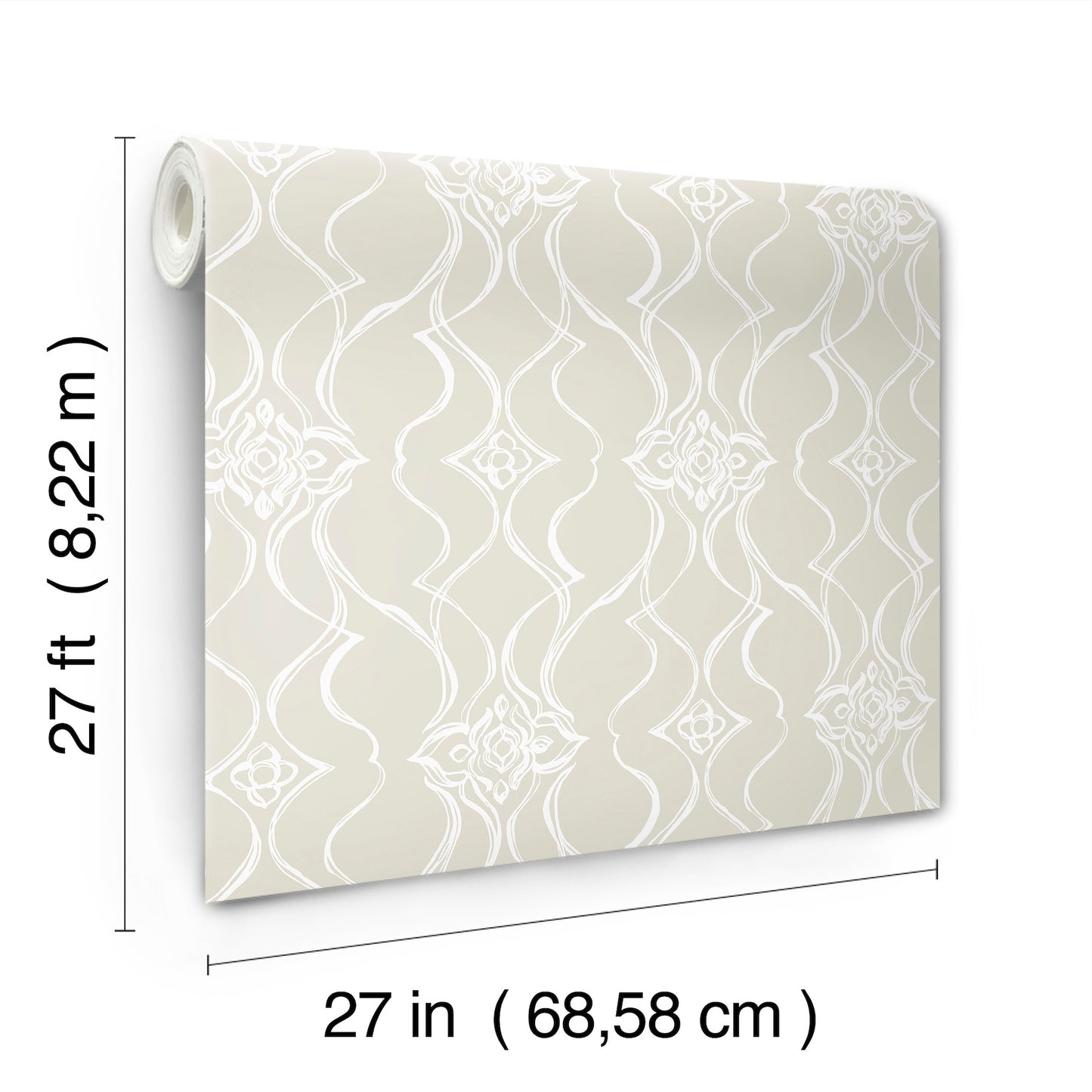 Beige wallpaper with white damask floral scroll pattern, rolled sample, 27 in wide by 27 ft long